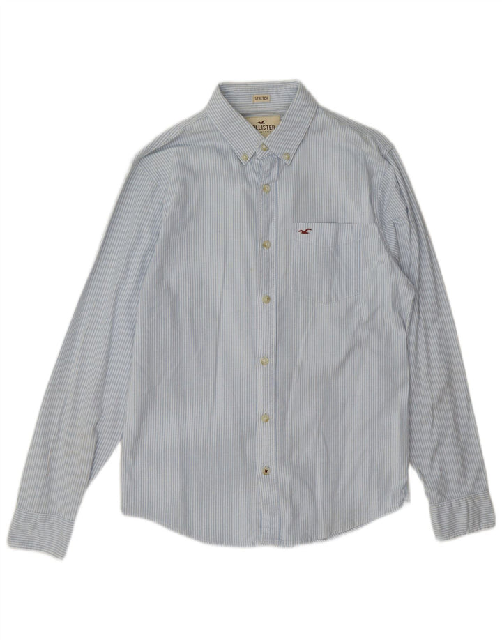 Camisa masculina Hollister pequena listrada azul de algodão
