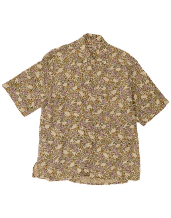 Camisa masculina vintage de manga curta grande linho floral bege