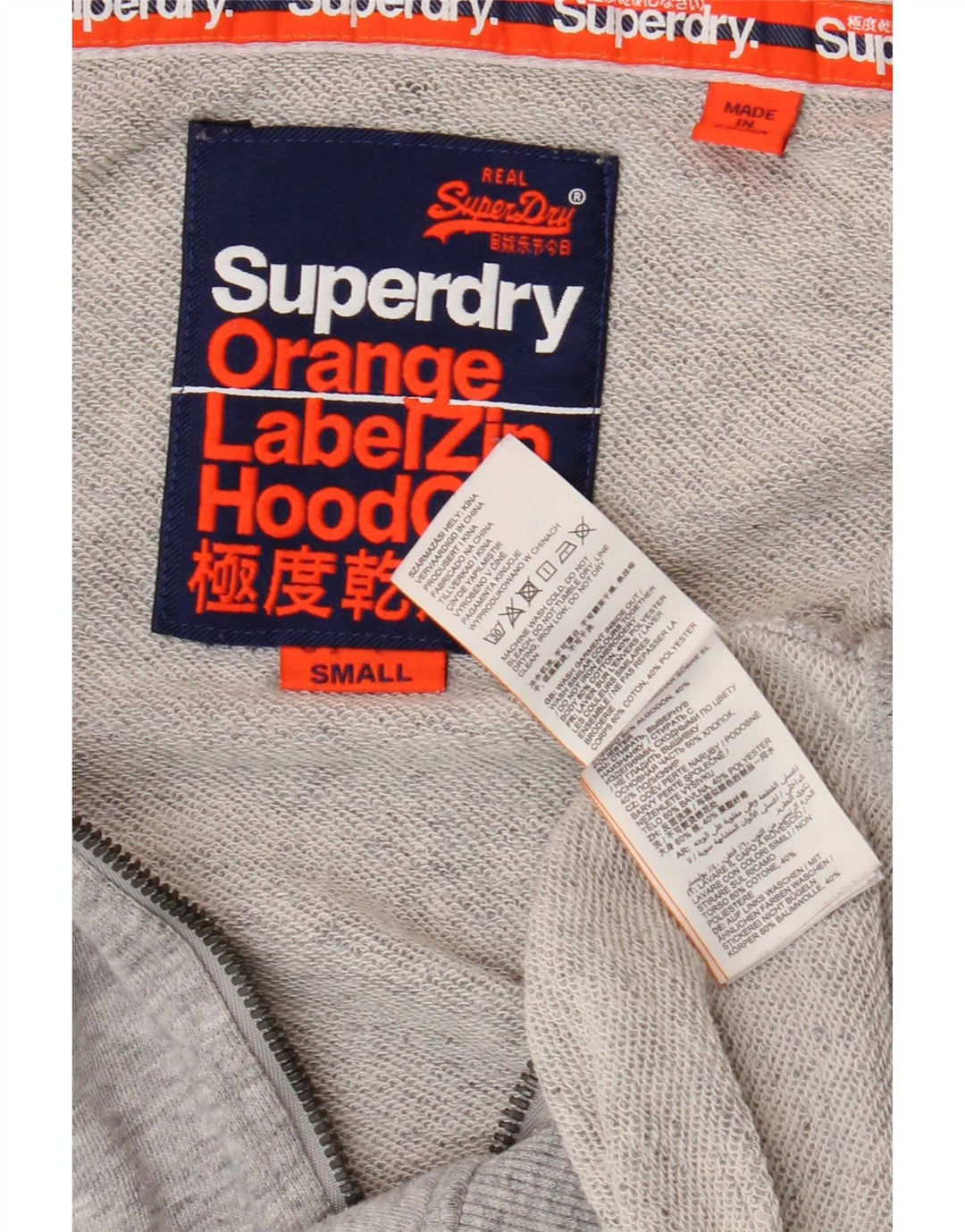 Suéter masculino Superdry com capuz e zíper pequeno algodão manchado cinza