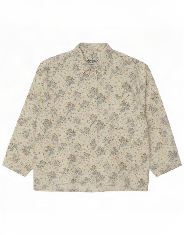 Camisa feminina vintage de flanela UK 18 XL poliéster floral branco