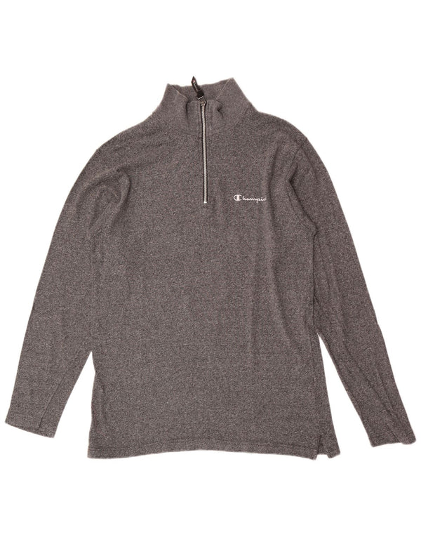 Camiseta masculina Champion com zíper e manga comprida, algodão manchado cinza médio