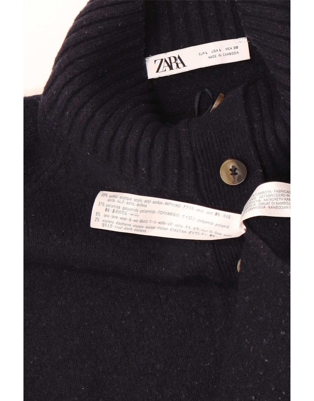 Suéter feminino Zara com gola grande e botão grande Reino Unido 16 grande azul marinho