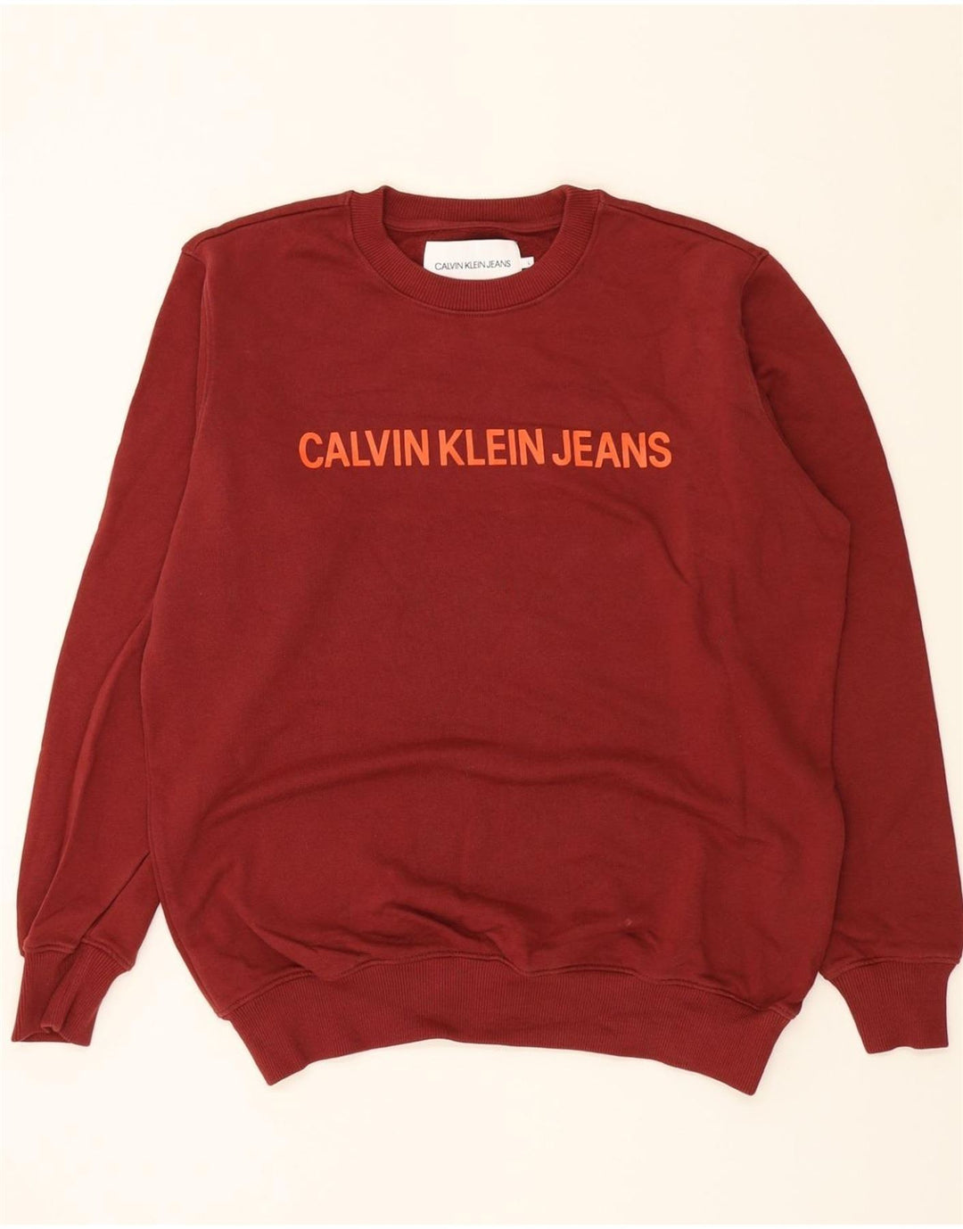CALVIN KLEIN JEANS Mens Graphic Sweatshirt Jumper Large Burgundy Cotton Vintage Calvin Klein Jeans and Second-Hand Calvin Klein Jeans from Messina Hembry 