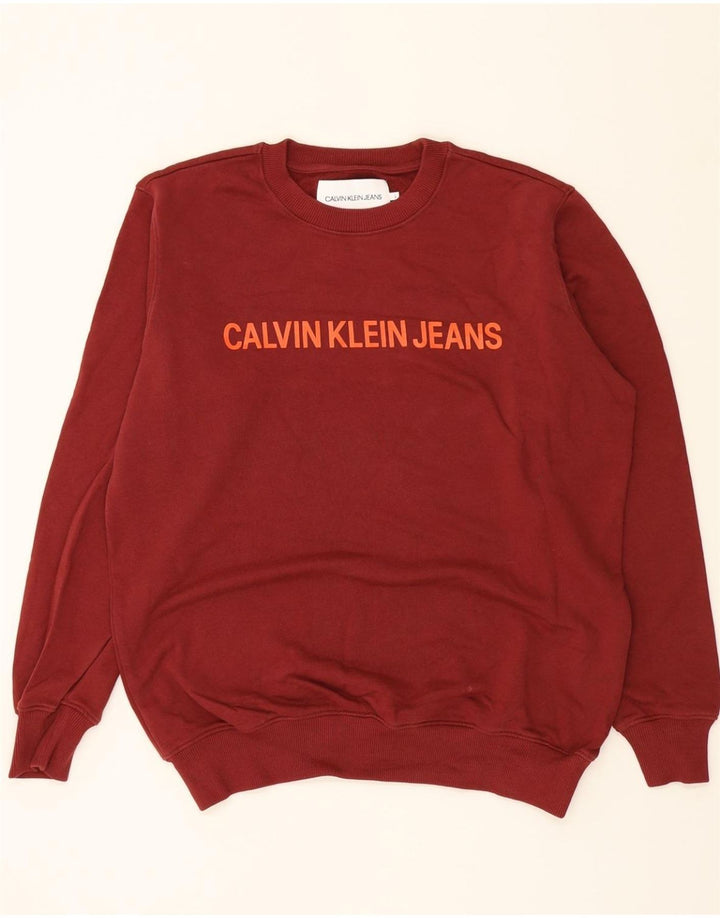 CALVIN KLEIN JEANS Mens Graphic Sweatshirt Jumper Large Burgundy Cotton Vintage Calvin Klein Jeans and Second-Hand Calvin Klein Jeans from Messina Hembry 