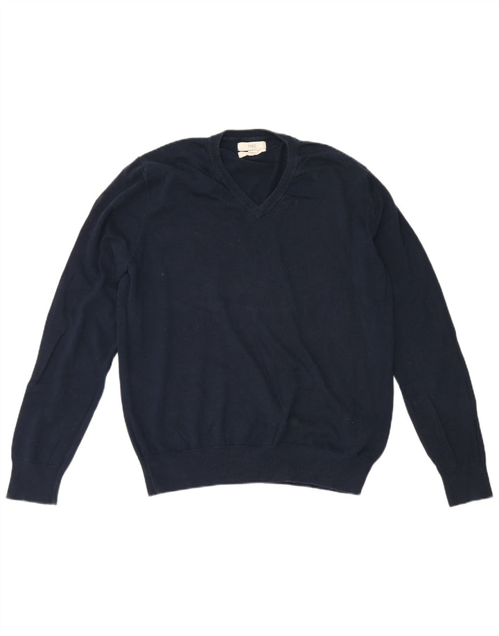 Suéter masculino Marks & Spencer com decote em V grande algodão azul marinho