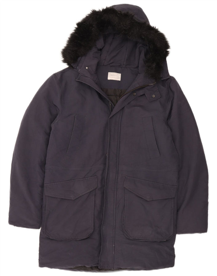 Casaco acolchoado com capuz masculino Zara UK 38 poliéster azul marinho médio