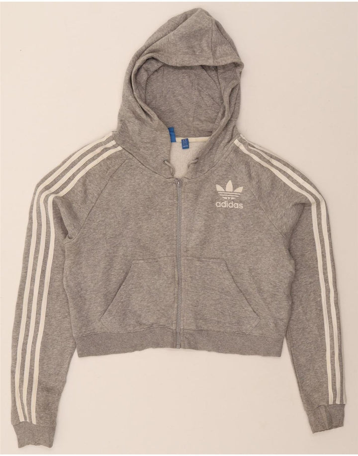 ADIDAS Womens Crop Zip Hoodie Sweater UK 14 Large Grey Cotton Vintage Adidas and Second-Hand Adidas from Messina Hembry 