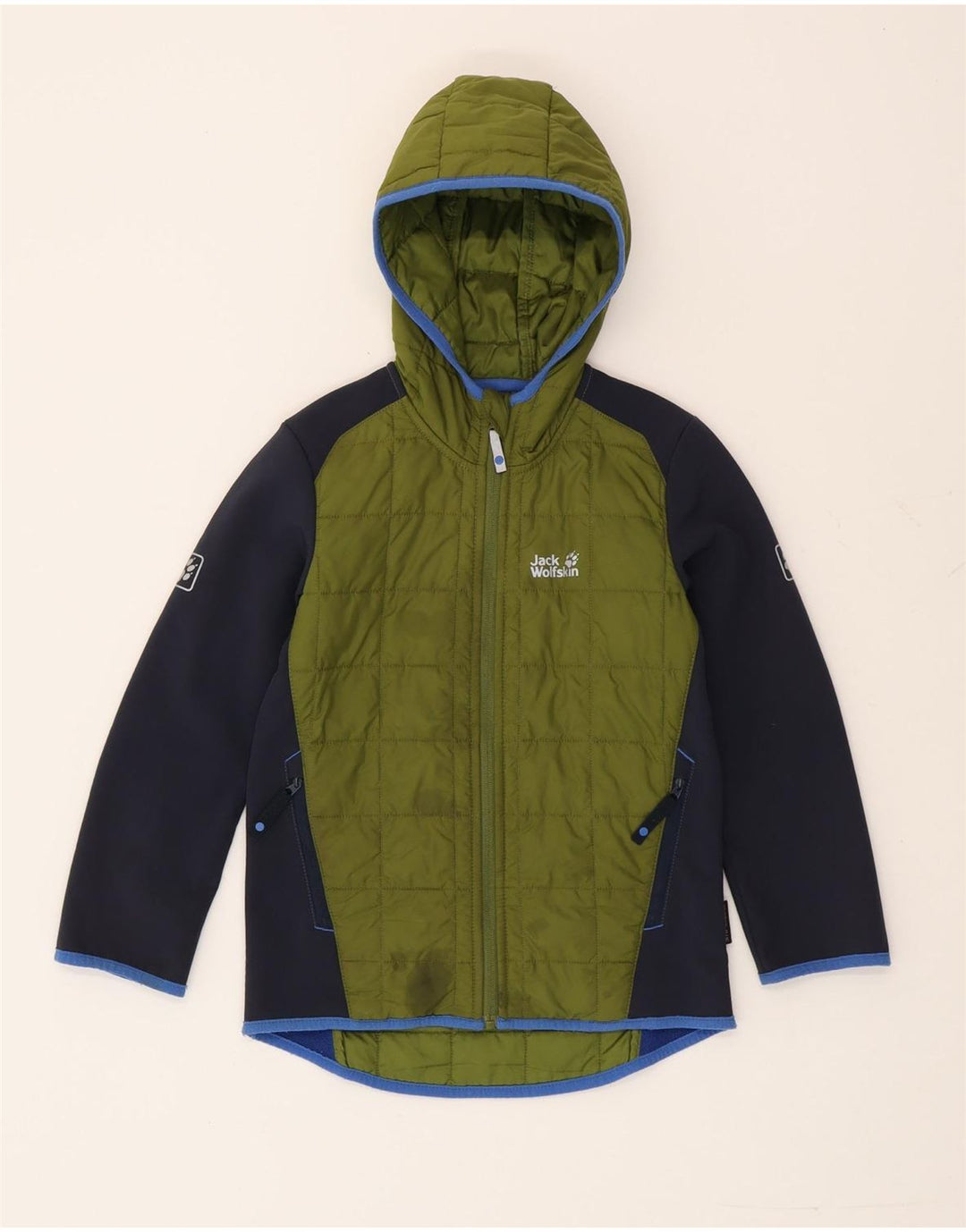 Jaqueta acolchoada com capuz para meninos Jack Wolfskin 7-8 anos verde colorblock