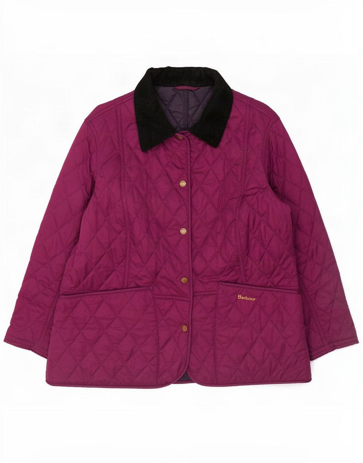 Jaqueta acolchoada feminina Barbour UK 16 grande roxo colorblock poliamida