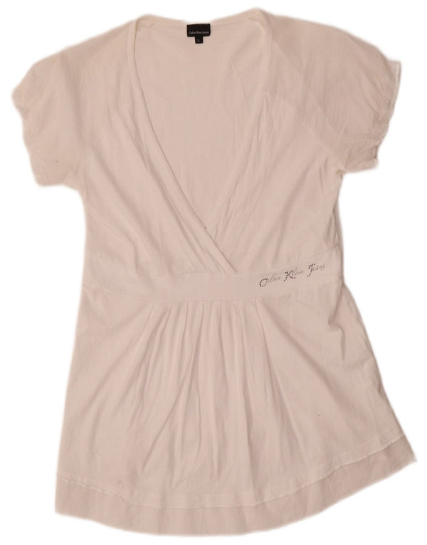 Blusa Feminina Calvin Klein Jeans Top UK 14 Grande Algodão Branco