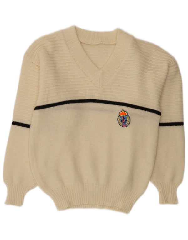 Suéter feminino vintage com decote em V UK 16 grande listrado branco