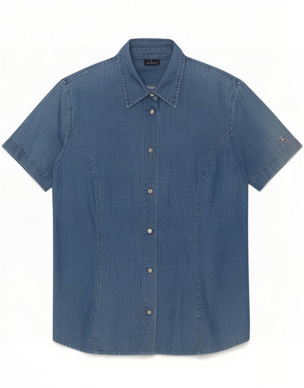 Trussardi Jeans Camisa jeans feminina manga curta Reino Unido 14 algodão azul médio