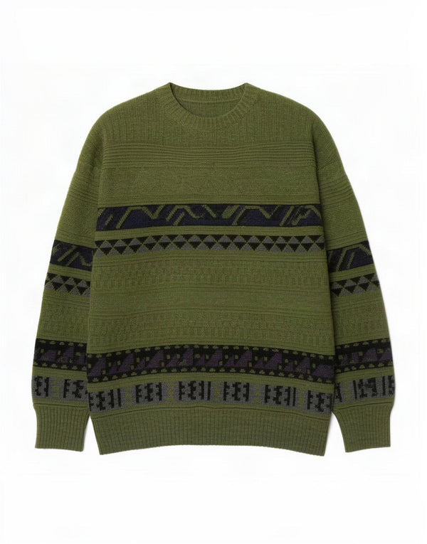 Suéter vintage masculino com gola redonda, verde médio geométrico