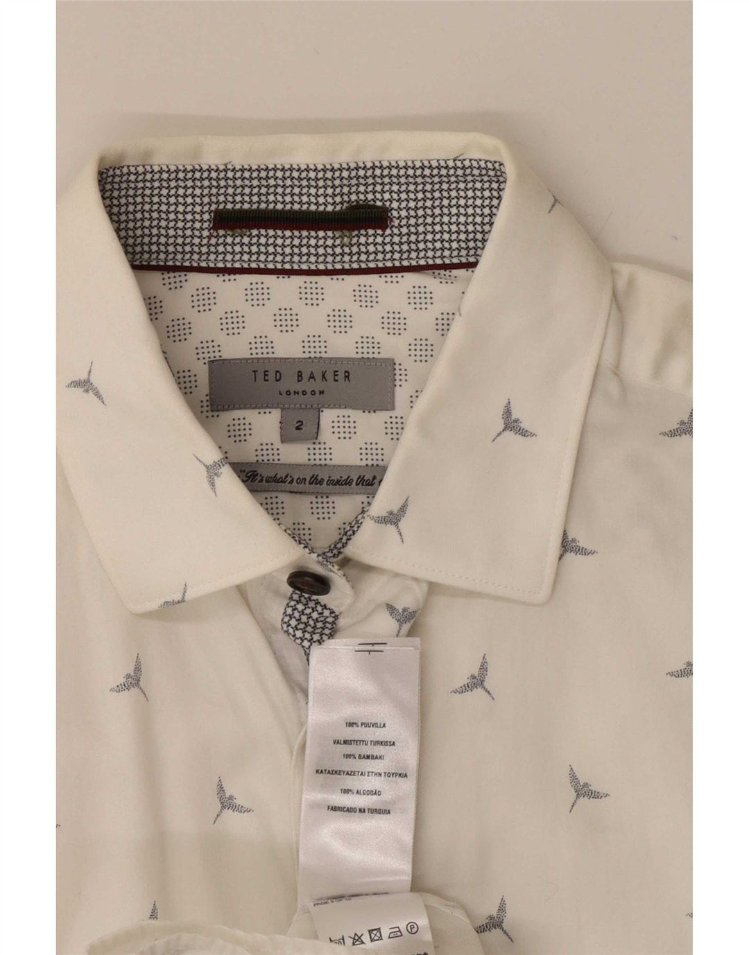 Camisa masculina Ted Baker com padrão abstrato tamanho 2 pequeno algodão branco