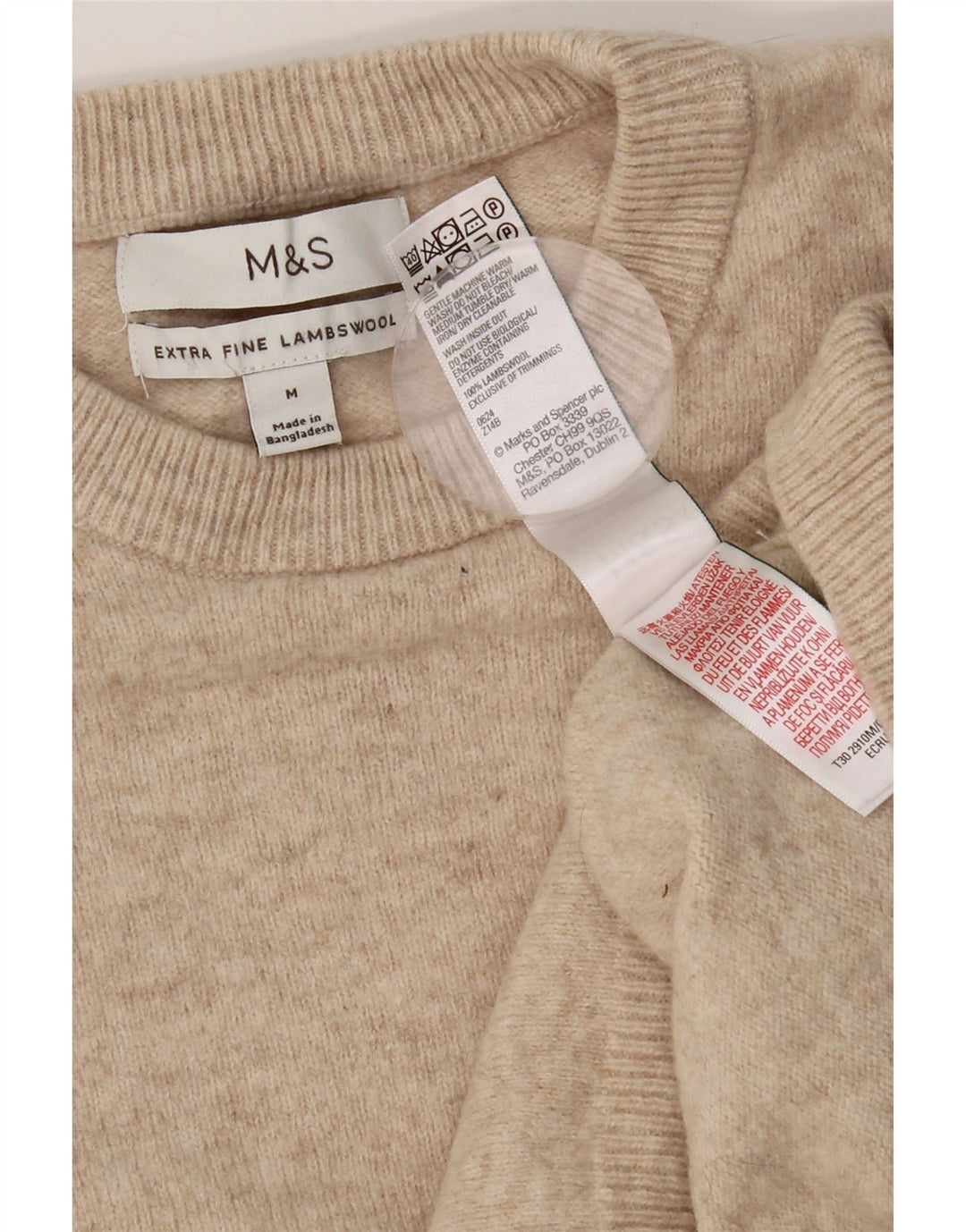 Suéter masculino Marks & Spencer com gola redonda, lã de cordeiro bege médio