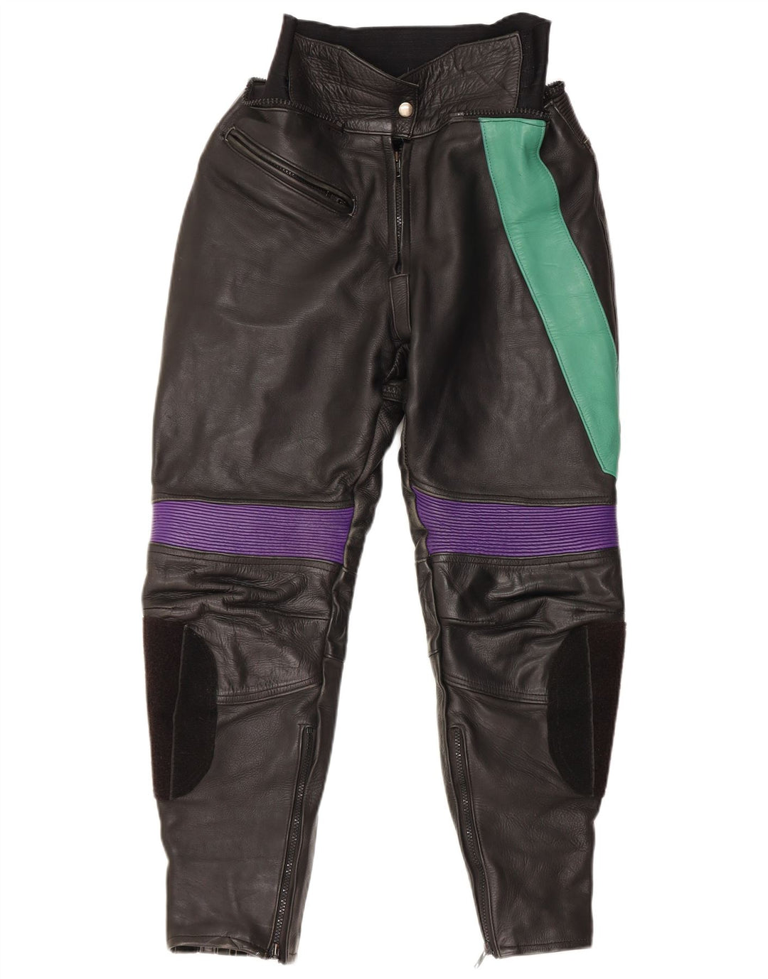 Calça feminina VINTAGE EU 38 médio W28 L27 couro colorblock preto