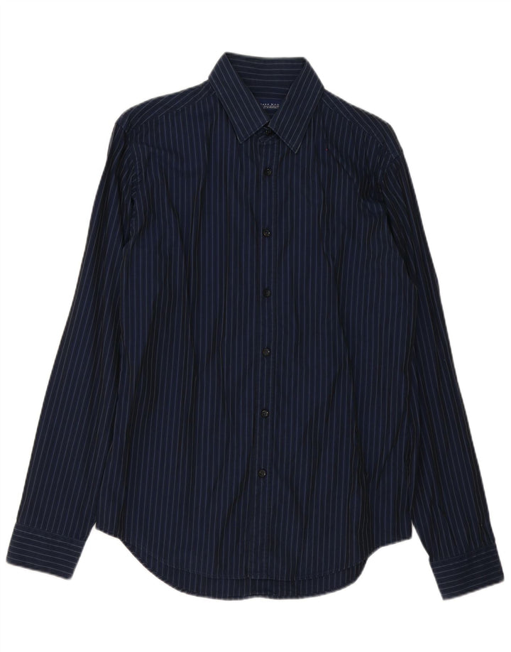 Camisa masculina Zara de algodão listrado azul marinho médio