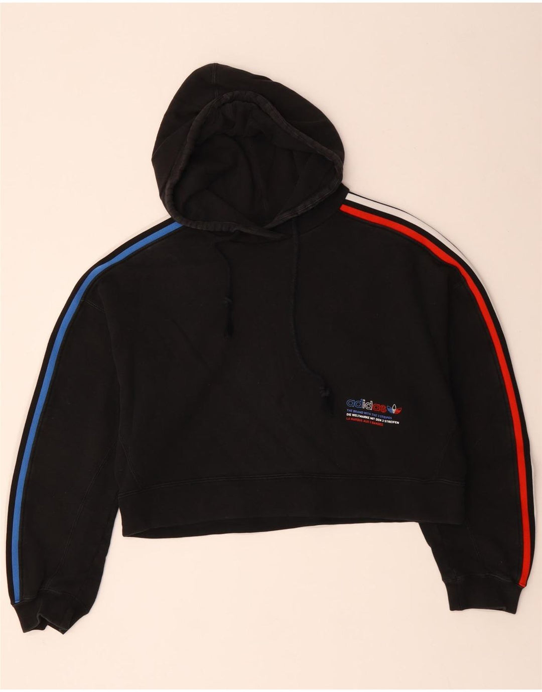 ADIDAS Womens Oversized Crop Graphic Hoodie Jumper UK 14 Médio Preto