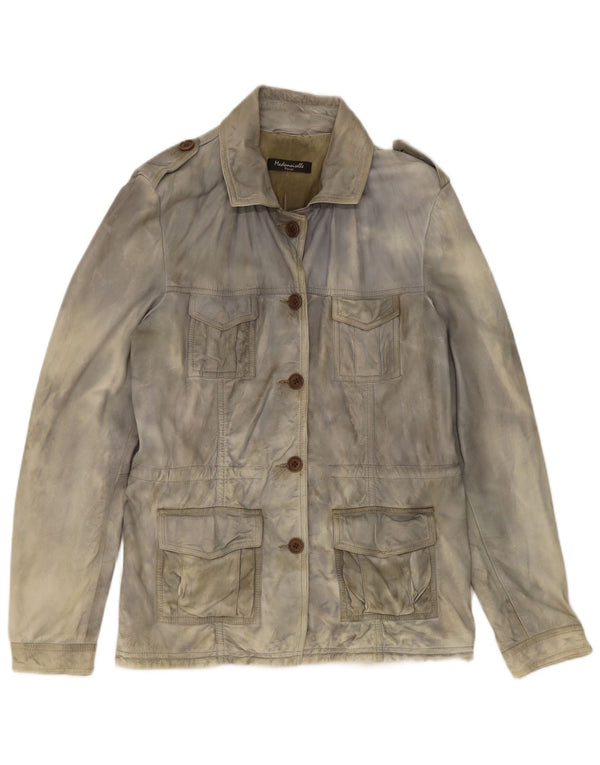 Vintage Womens Military Acid Wash Leather Jacket UK 14 Large Grey