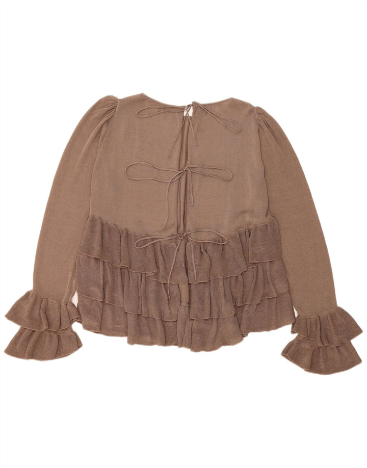 Zara blusa feminina oversized manga comprida top UK 10 pequeno bloco colorido marrom