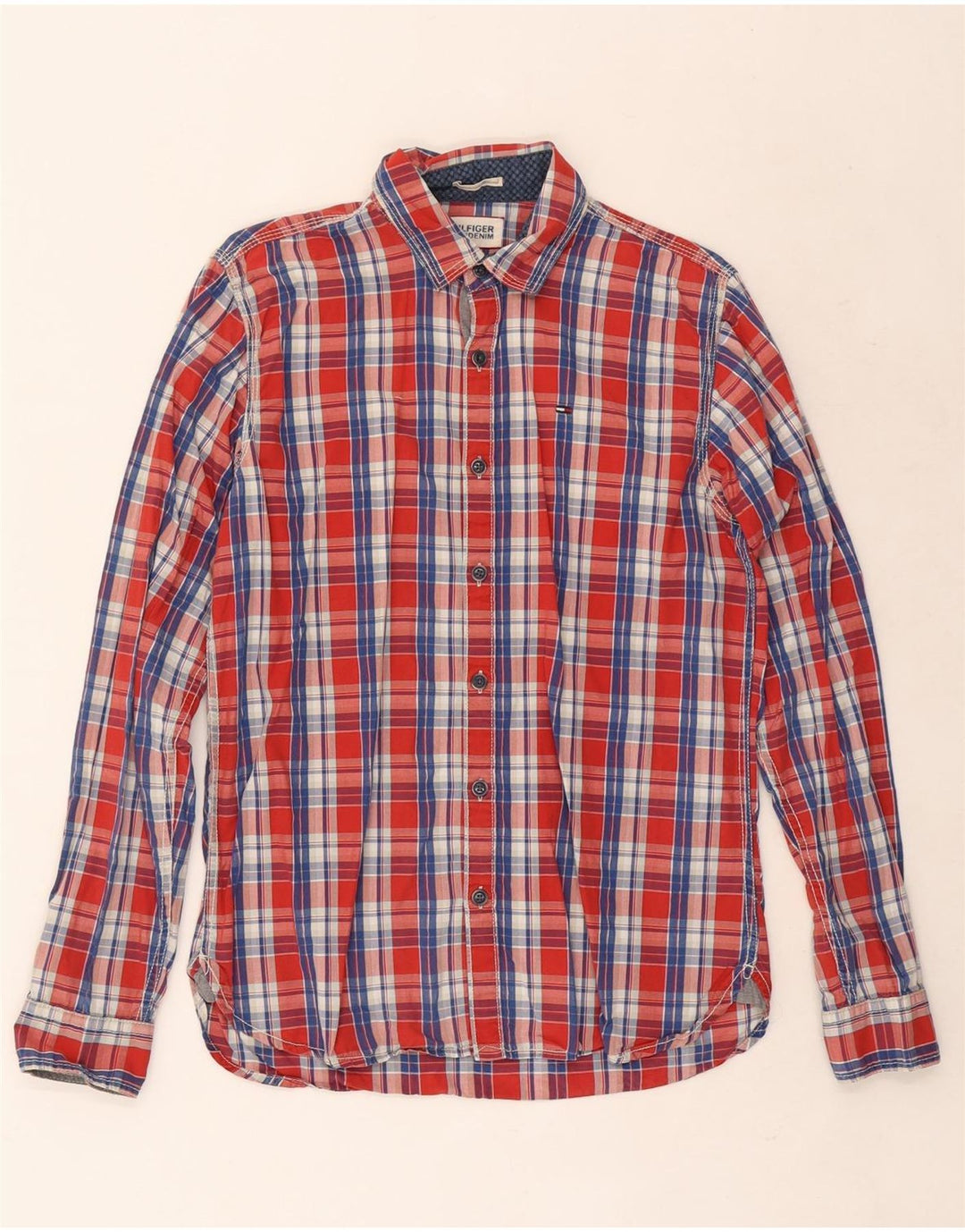 Camisa masculina Tommy Hilfiger pequena xadrez vermelha de algodão