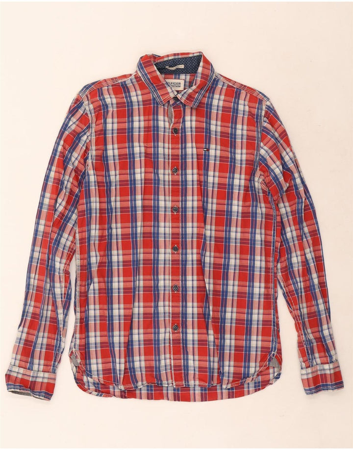 Camisa masculina Tommy Hilfiger pequena xadrez vermelha de algodão