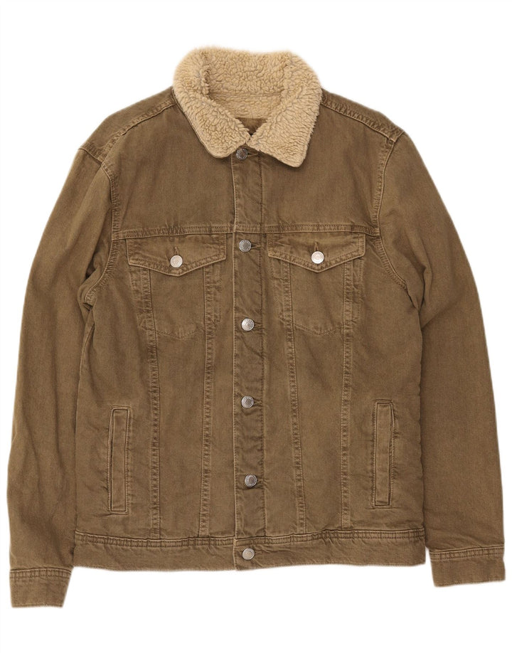 Jaqueta jeans Zara masculina Sherpa Reino Unido 38 algodão cáqui médio