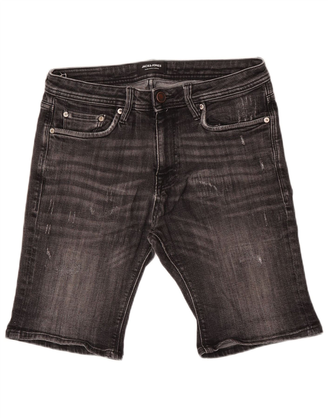 Shorts jeans masculinos Jack & Jones desgastados pequenos W30 algodão cinza