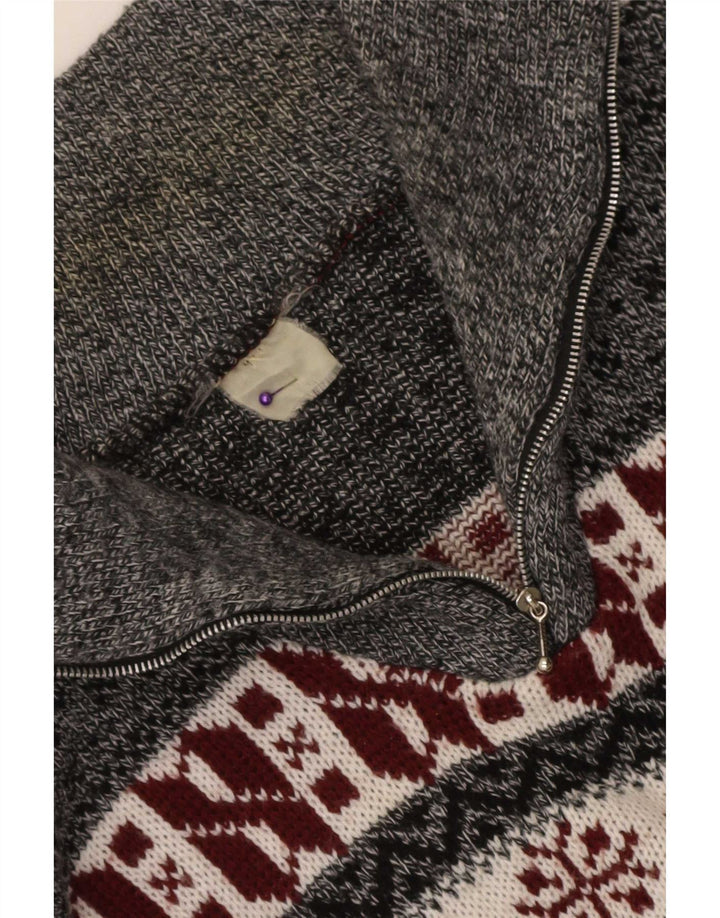 Suéter feminino vintage com decote em zíper UK 14 cinza médio Fair Isle