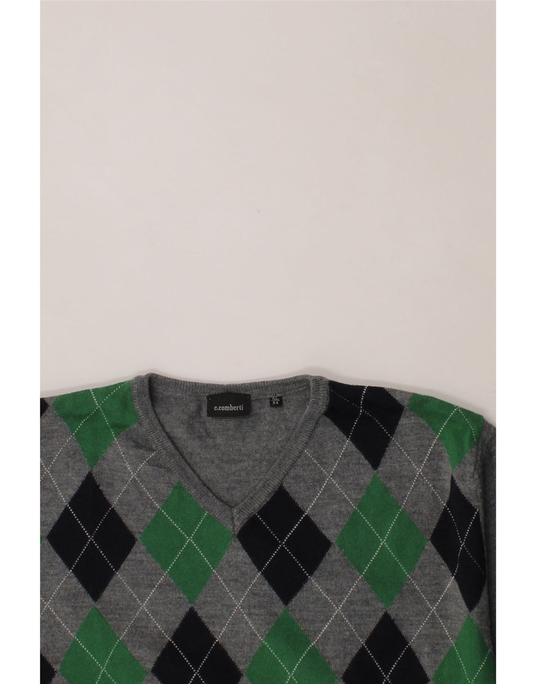 C.COMBERTI Mens V-Neck Jumper Sweater IT 54 XL Grey Argyle/Diamond Wool Vintage C.Comberti and Second-Hand C.Comberti from Messina Hembry 