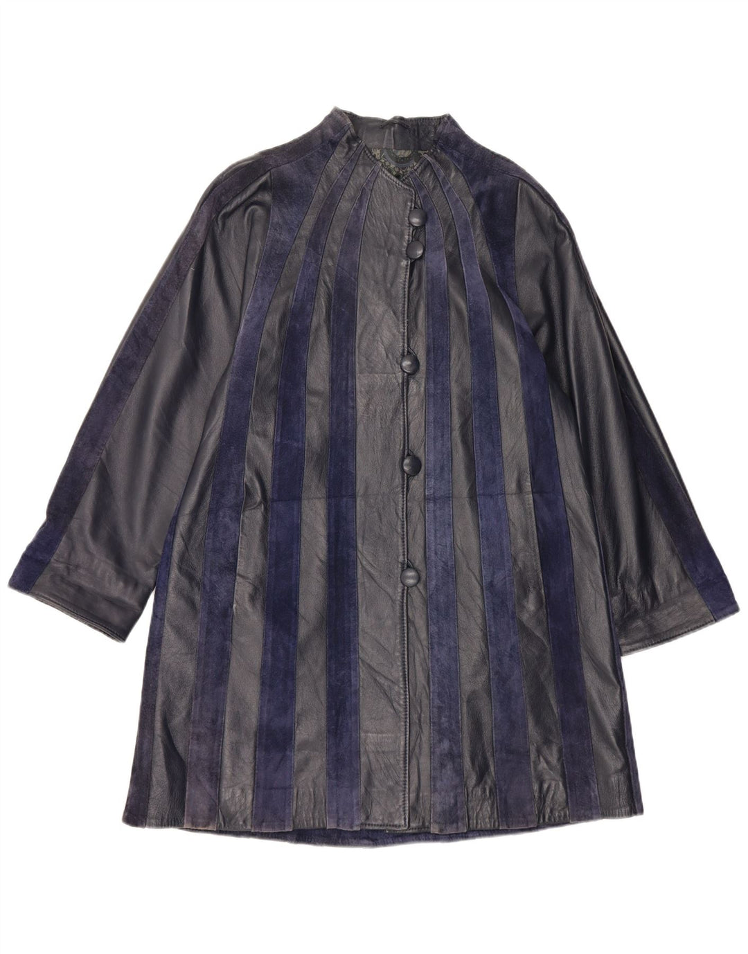 Casaco de couro feminino vintage Reino Unido 14 médio listrado azul marinho