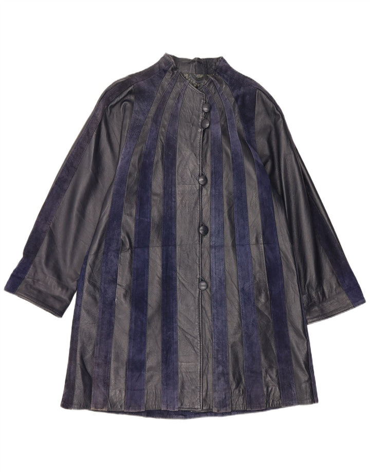 Casaco de couro feminino vintage Reino Unido 14 médio listrado azul marinho