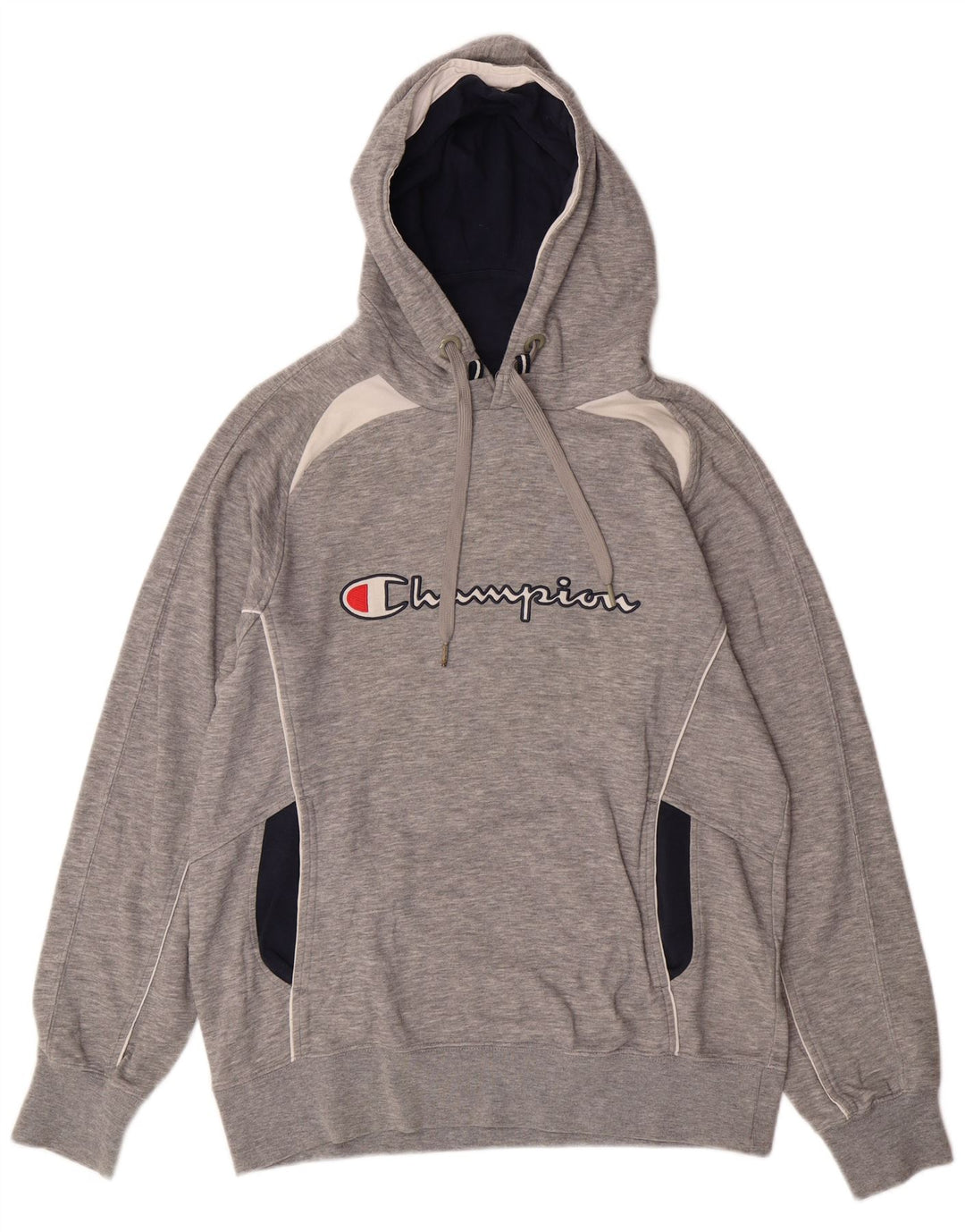 CHAMPION Suéter masculino com capuz gráfico cinza médio algodão colorblock