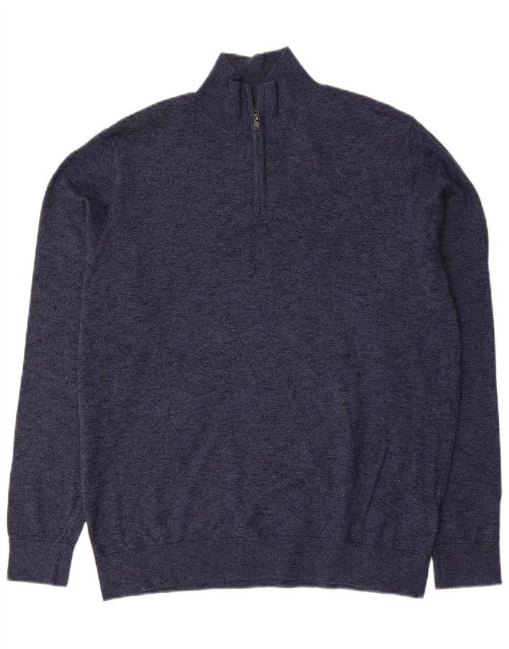 Suéter masculino Marks & Spencer com zíper e gola alta de algodão manchado azul marinho