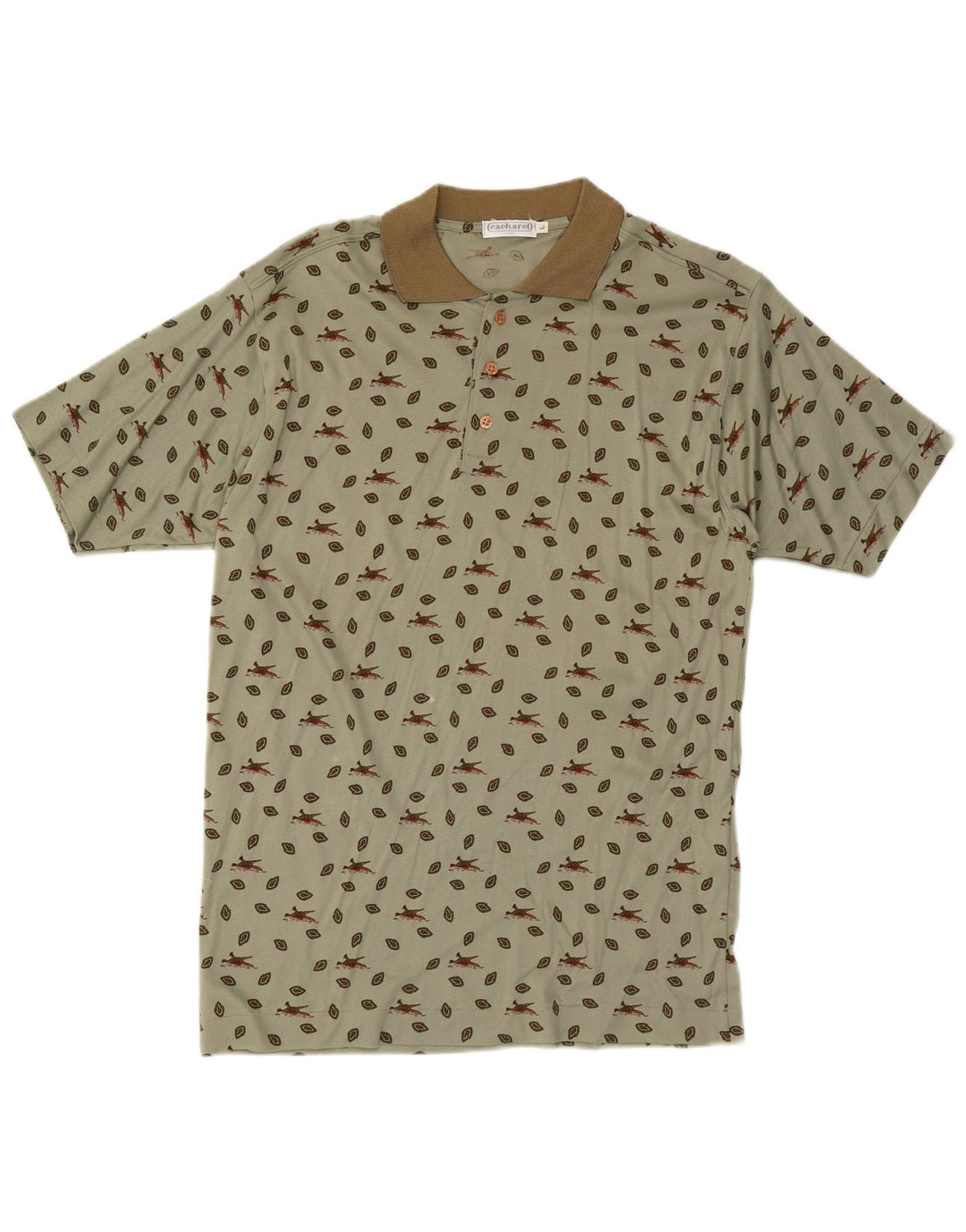 Camisa polo masculina Cacharel com padrão abstrato grande de algodão cáqui