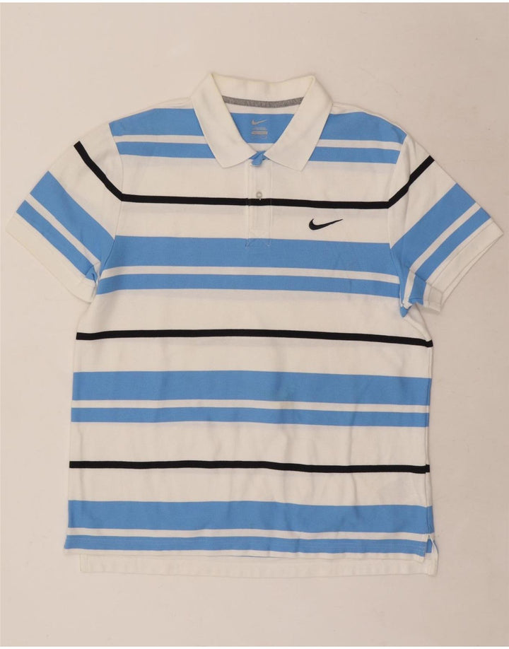 Camisa polo masculina Nike grande listrada branca de algodão