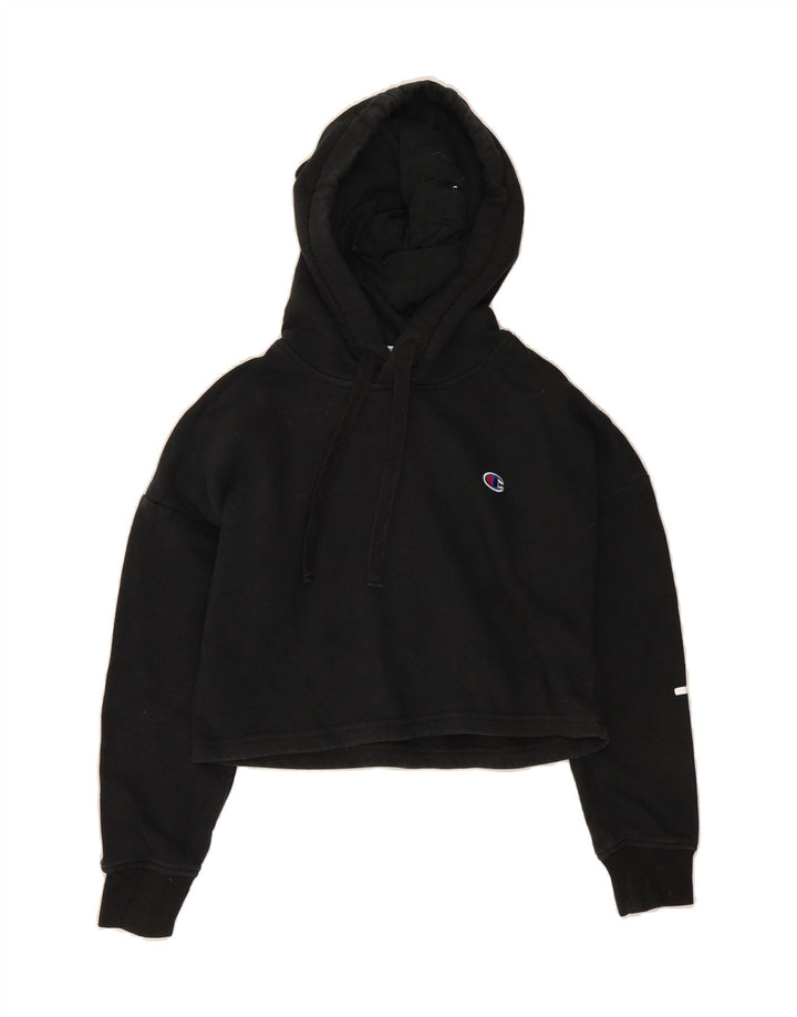 CHAMPION Girls Graphic Crop Hoodie Jumper 7-8 Years Black Cotton Vintage Champion and Second-Hand Champion from Messina Hembry 