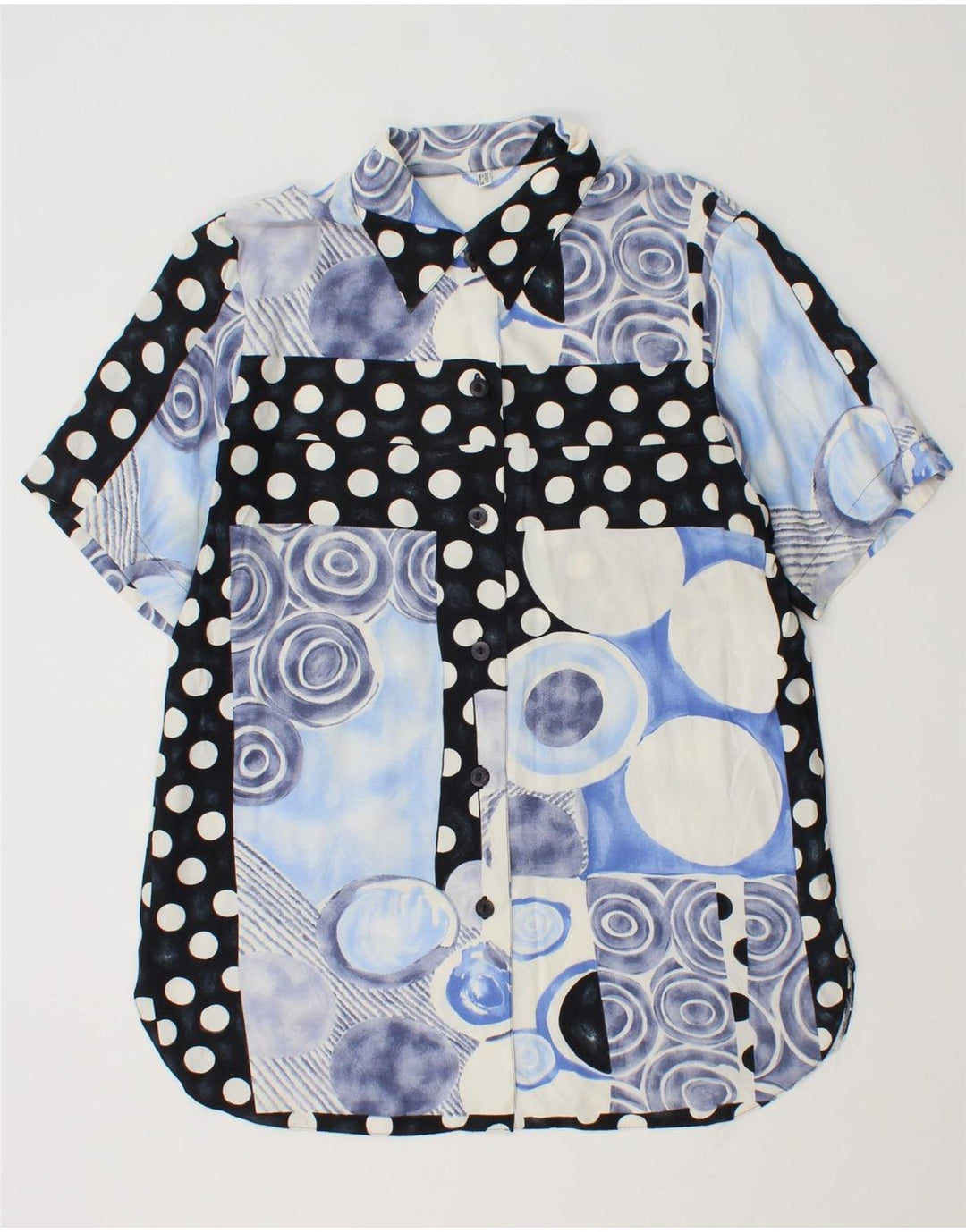 Blusa feminina vintage de manga curta UK 14 grande azul patchwork viscose