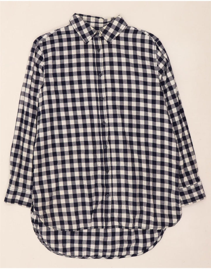 Camisa feminina de flanela longline Benetton UK 10 pequena azul marinho guingão