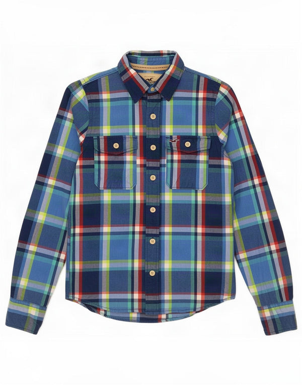 Camisa masculina Hollister de algodão xadrez azul médio