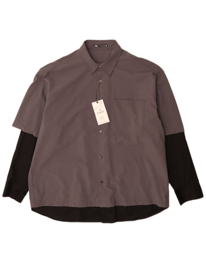Zara Camisa masculina grande cinza colorblock poliéster