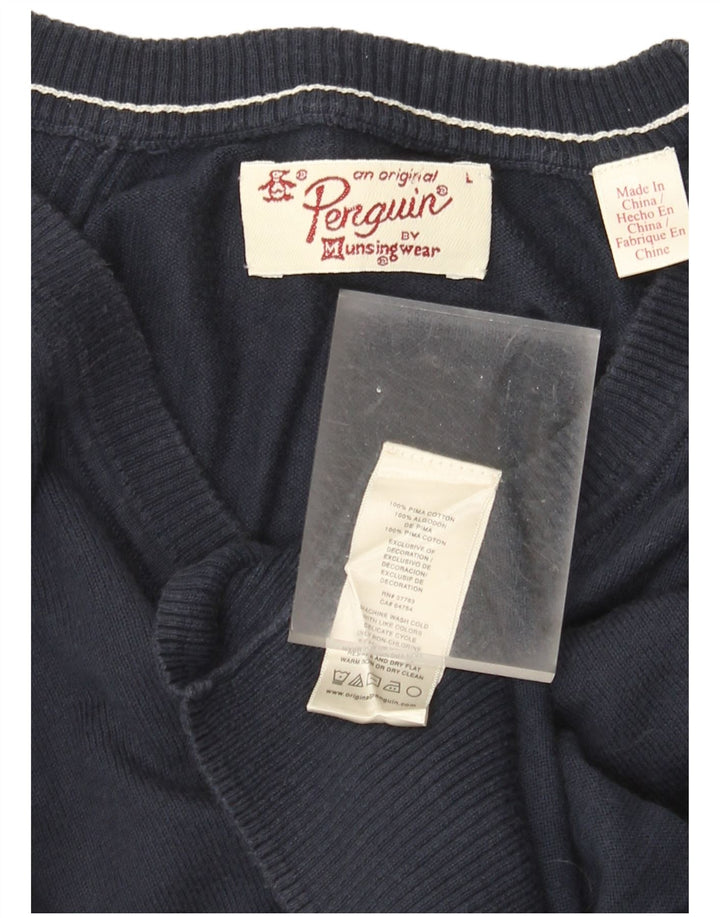 Suéter masculino Penguin com decote em V grande algodão azul marinho