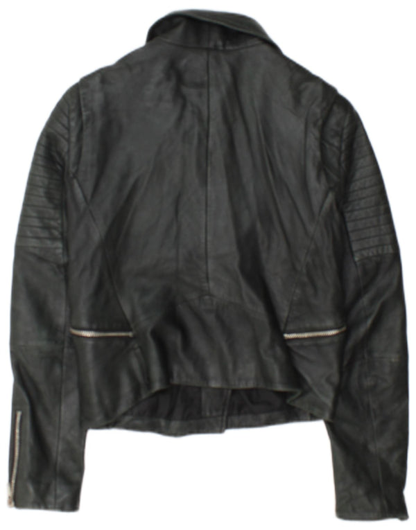 Jaqueta feminina de couro Zara para motociclista UK 12 médio preto