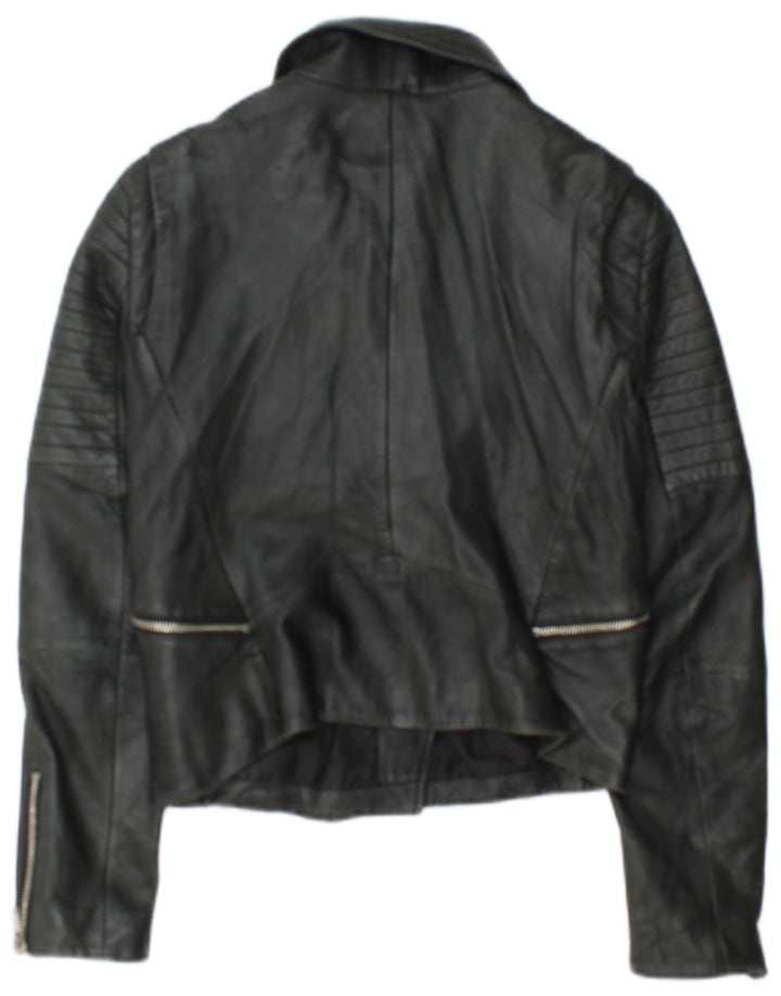 Jaqueta feminina de couro Zara para motociclista UK 12 médio preto