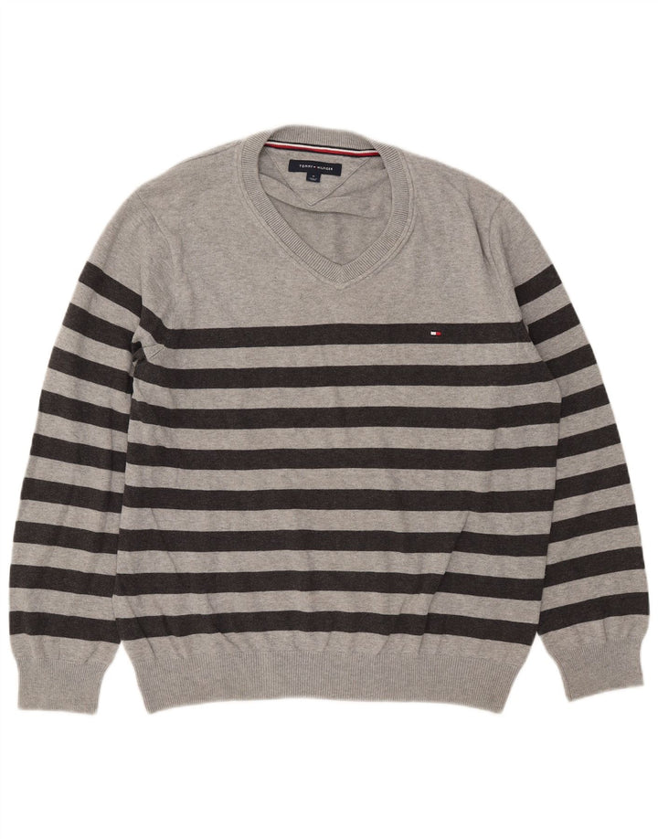 Tommy Hilfiger Suéter masculino com gola V e algodão listrado cinza médio
