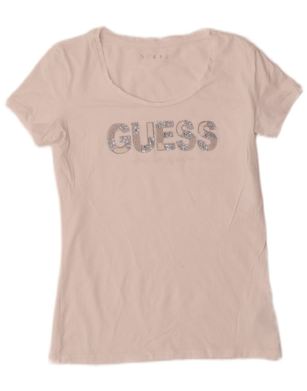 Camiseta feminina Guess com estampa gráfica UK 8 pequena algodão branco