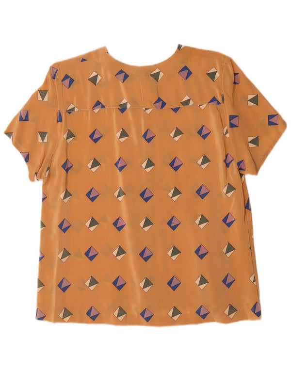Blusa feminina vintage de manga curta UK 16 grande marrom geométrica