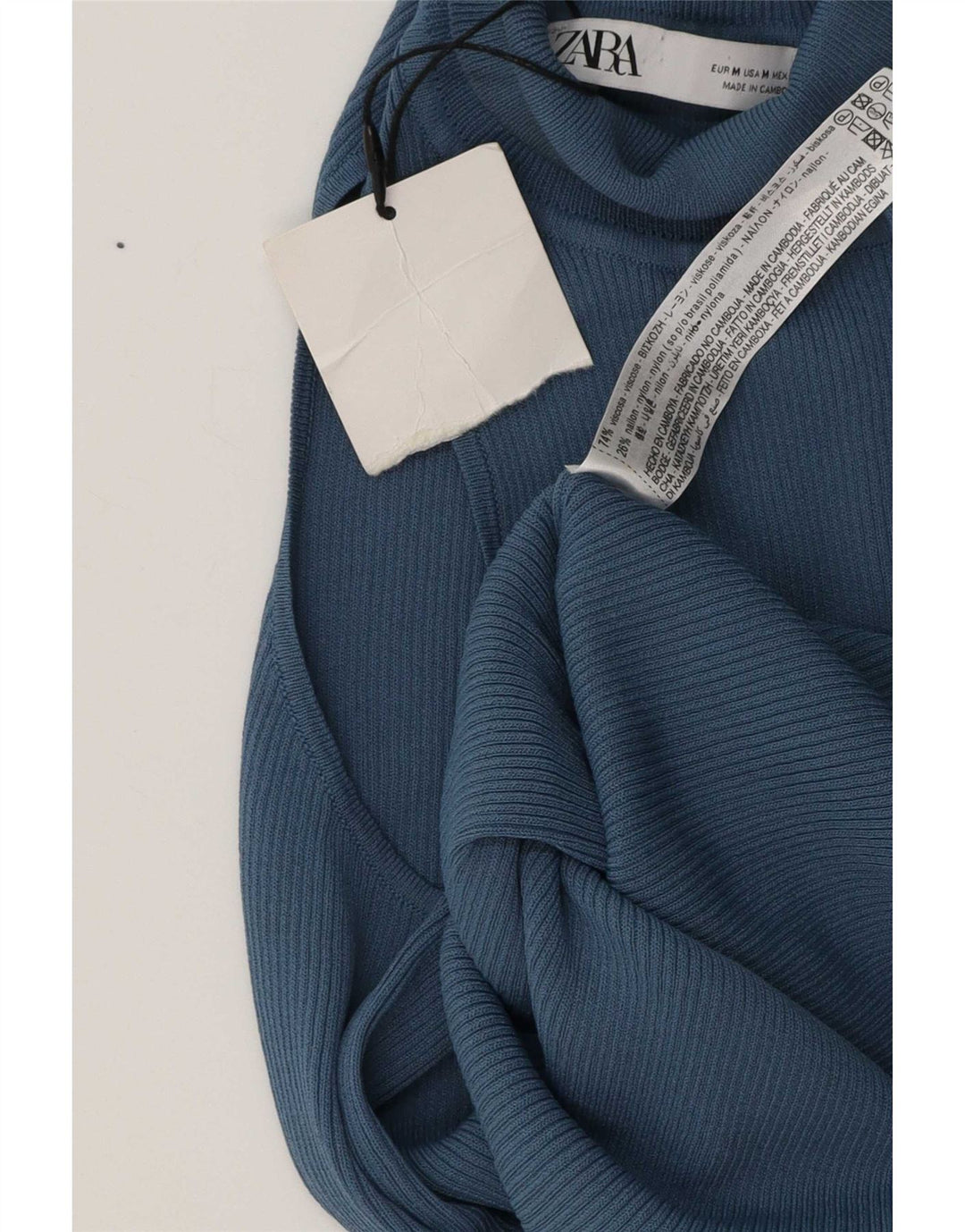 Top feminino de um ombro Zara UK 12 viscose azul médio