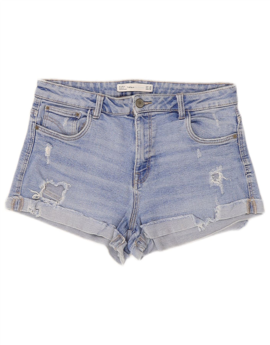 Zara Shorts jeans feminino Trafaluc desgastado UE 38 pequeno W28 azul