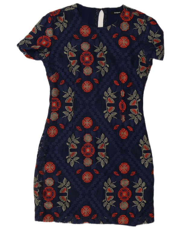 Desigual Vestido feminino de renda bodycon UE 38 médio azul marinho floral poliéster